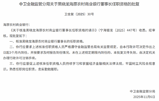 黑晓龙获批担任海原农村商业银行董事长