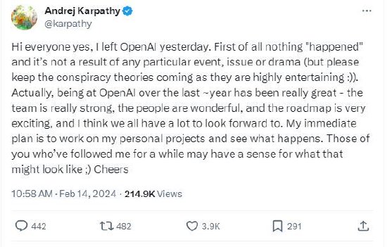回归OpenAI仅一年后，特斯拉前AI总监Karpathy再度离职
