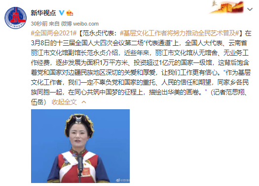全国人大代表范永贞：基层文化工作者将努力推动全民艺术普及