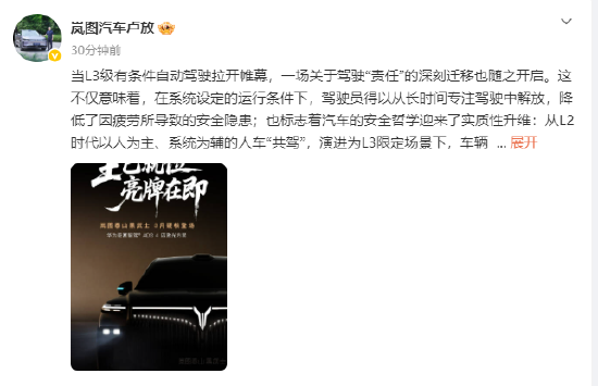 岚图卢放：中国首款量产L3级SUV岚图泰山黑武士3月上市