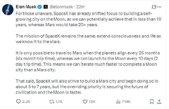 马斯克称有望10年内在月球上建造城市，而火星则需要20年以上