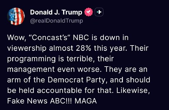 特朗普:NBC今年收视率下降了近28% 他们的节目糟糕透顶 第1张 特朗普:NBC今年收视率下降了近28% 他们的节目糟糕透顶 第1张