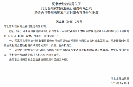 河北晋州农商行获批吸收合并晋州市周家庄农村资金互助社