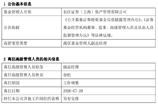 七年两度进出！长江资管副总经理谷松因工作调整离任