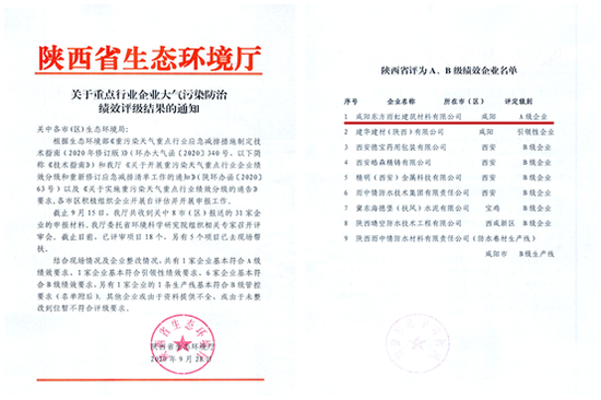 咸阳东方雨虹(ORIENTAL YUHONG)通过企业大气污染防治A级评定