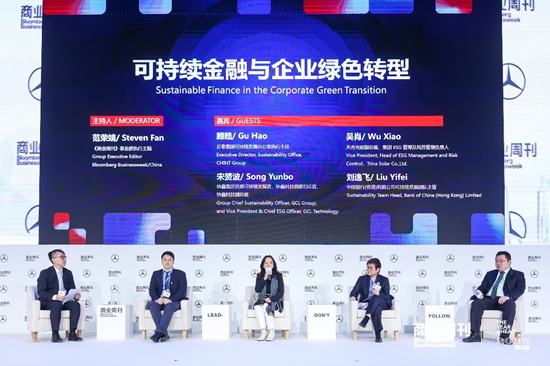 从左至右：彭博《商业周刊》事业群执行主编 范荣靖；正泰集团可持续发展办公室执行主任 顾皓天合光能副总裁、集团 ESG 管理及风控管理负责人 吴肖；协鑫集团首席可持续发展官，协鑫科技首席ESG官、协鑫科技副总裁 宋贇波；中国银行(香港)有限公司可持续发展团队主管 刘逸飞；