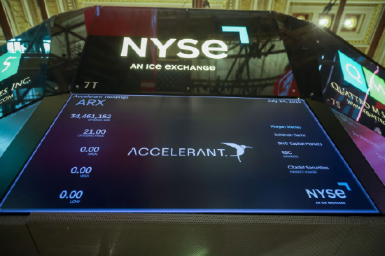 纽交所交易大厅屏幕显示 Accelerant Holdings 上市信息 Accelerant 达成协议，将接受私募机构 Thoma Bravo 收购并退市私有化。