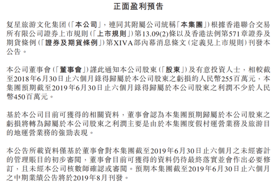 复兴旅游文化:2019上半年归属公司股东利润超