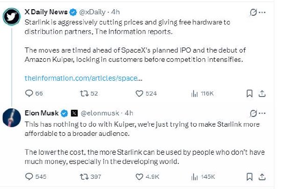 马斯克回应星链大幅降价：与亚马逊的竞争无关