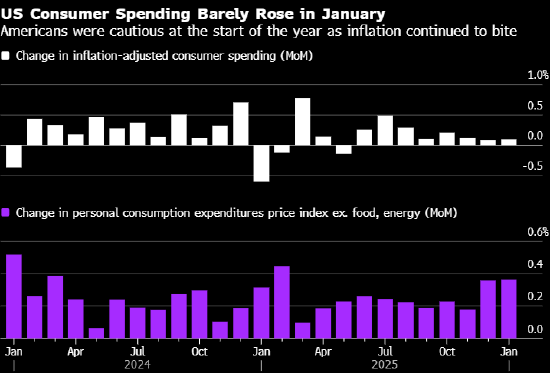 美国1月消费者支出几无增长 通胀则在高位
