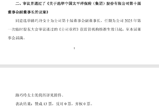 中国太保：同意选举路巧玲为公司第十届董事会副董事长