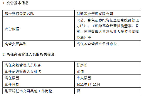 ““定增王”财通基金督察长武祎离任 由董事长吴林惠代为履行督察长职务