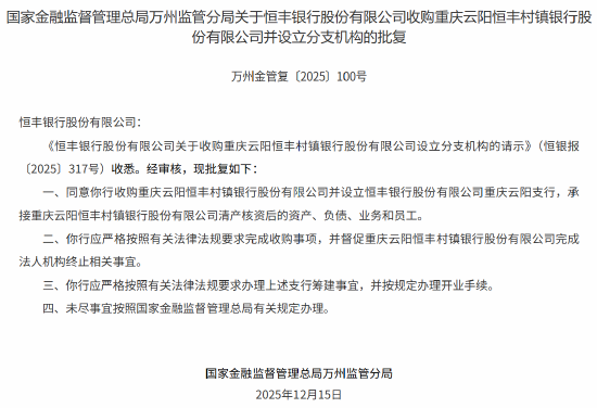 恒丰银行获批收购重庆云阳恒丰村镇银行并开设分支机构