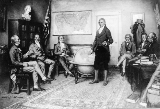 1823年克莱德德兰的一幅画作描绘了詹姆斯门罗（中）与他的内阁成员讨论门罗主义的情景。