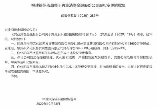 兴业消金第二大股东易主:泉州文旅受让泉州商业集团45600万股股份