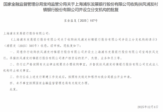 浦发银行获批收购扶风浦发村镇银行并设立分支机构