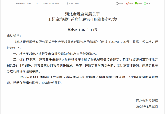 廊坊银行首席信息官王超任职资格获批