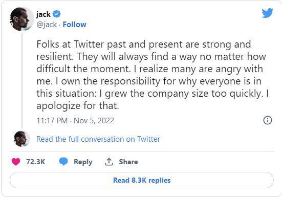 “员工”推特创始人为马斯克裁员道歉：是我让公司发展太快了