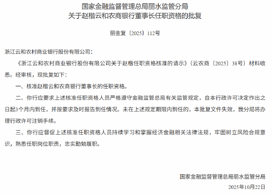 云和农商银行董事长赵楷任职资格获批