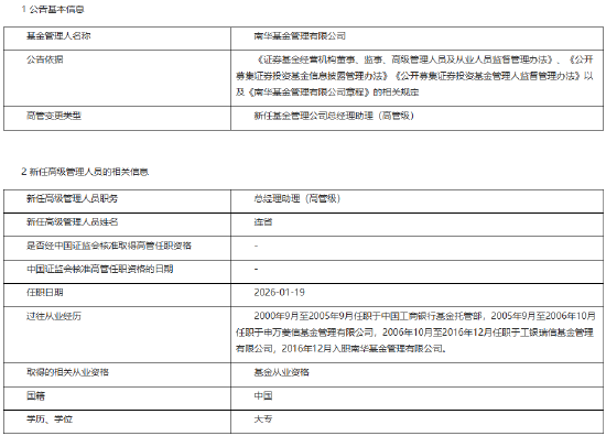 南华基金高层人事调整：连省升任总经理助理，填补管理空缺