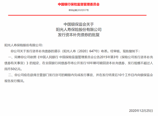 银保监会：同意阳光人寿发行规模不超过50亿元资本补充债券