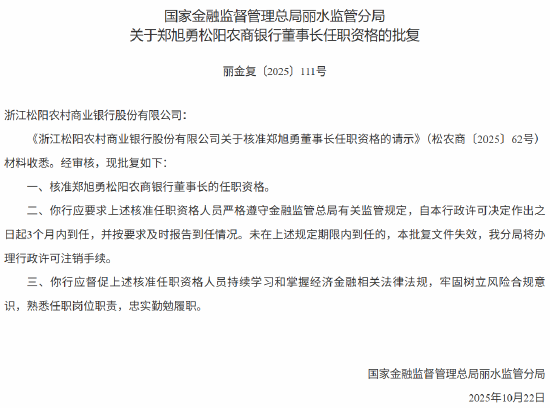 松阳农商银行董事长郑旭勇任职资格获批