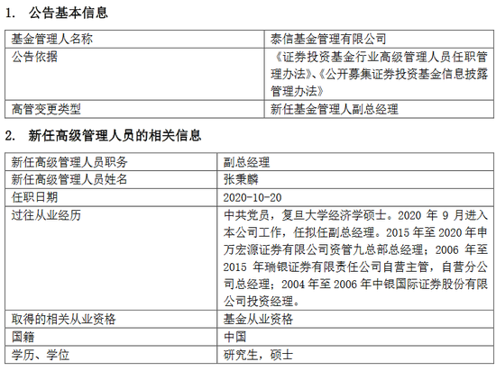 泰信基金新任张秉麟为副总经理 曾为中银国际证券投资经理