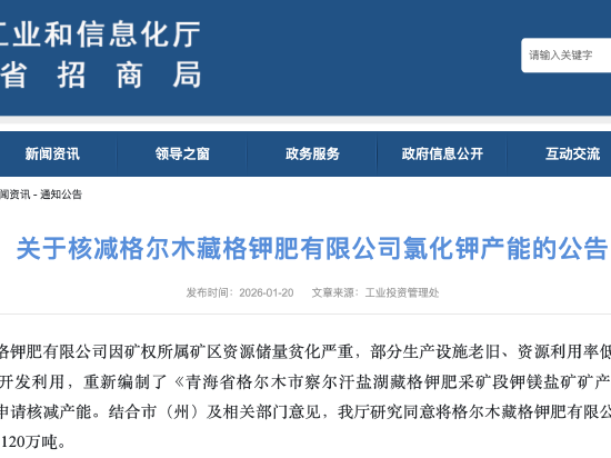 青海：核减格尔木藏格钾肥有限公司氯化钾产能 200万吨核减为120万吨