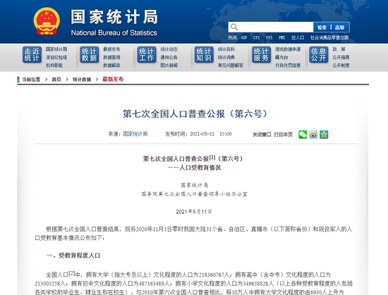 第七次全国人口普查公报：15岁及以上人口平均受教育年限提高至9.91年