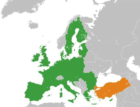 绿色部分为欧盟现有范围,黄色部分为土耳其 图片来源:维基百科