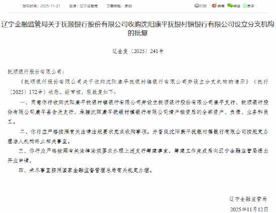 抚顺银行获批收购沈阳康平抚银村镇银行并设立分支机构