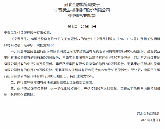 宁晋民生村镇银行获批变更股权 民生银行持股比例将升至95%