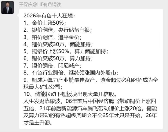 华福证券首席分析师王保庆“2026有色十大狂想”：金价上涨50%，银价翻倍并纳入央行储备，铂价翻倍追平黄金