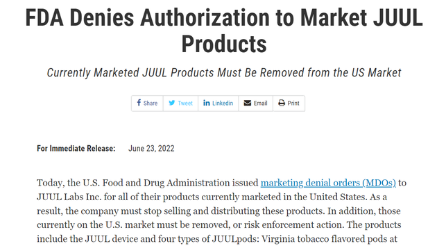 FDA驱逐Juul的公告 图源：FDA官网