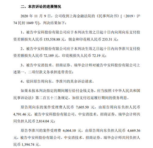 首例未被处罚中介机构承担连带责任案 ST中安两名投资者获赔23万
