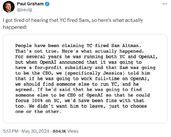 Y Combinator创始人：奥特曼当年不是被解雇的 他需要全职管理OpenAI
