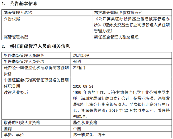 东方基金新任张科为副总经理 曾在平安银行任职