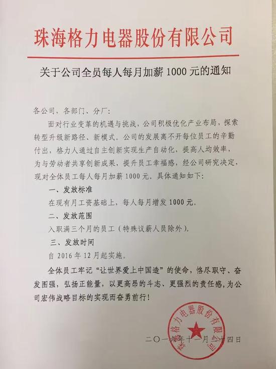 格力电器红头文件:全员每人每月加薪1000元