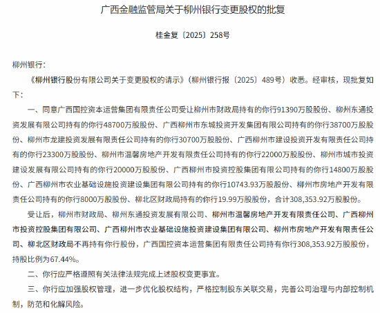 柳州银行变更股权获批 广西国控资本运营集团受让67.44%股权