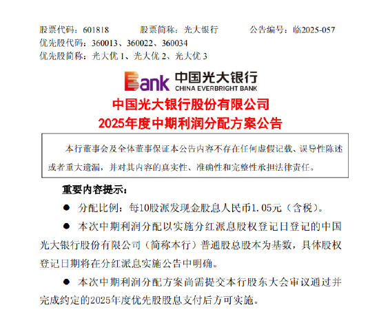 苹果发布:曹操专车代金券-光大银行：拟派发2025年中期股息每10股1.05元