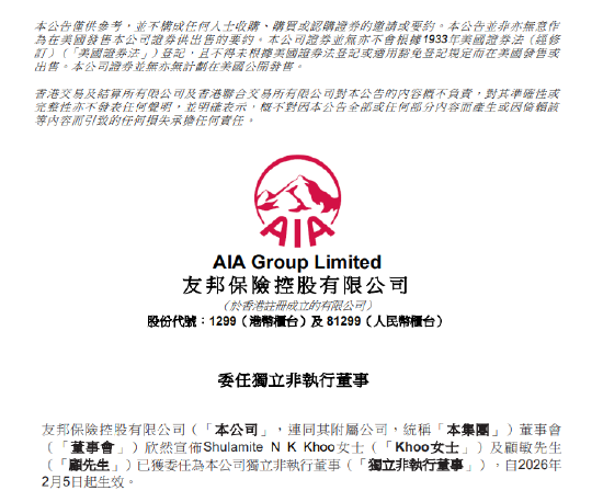 友邦保险：Shulamite N K Khoo及顾敏获委任为独立非执行董事