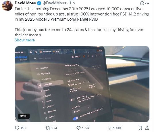 美国一特斯拉车主创下连续“自动驾驶”1万英里的纪录