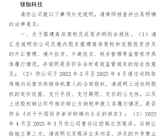 镁伽科技港股IPO收到证监会反馈意见：要求核查离岸架构合规性、股东信息及控制权稳定性