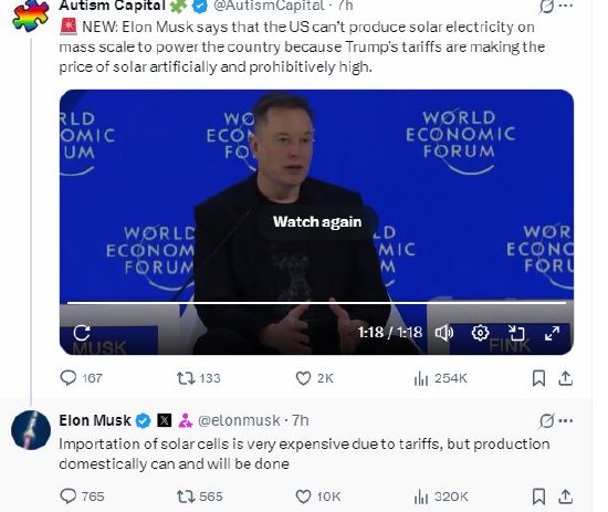 马斯克称特朗普关税人为抬高了美国太阳能发电成本