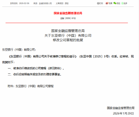 东亚银行（中国）修改公司章程获核准