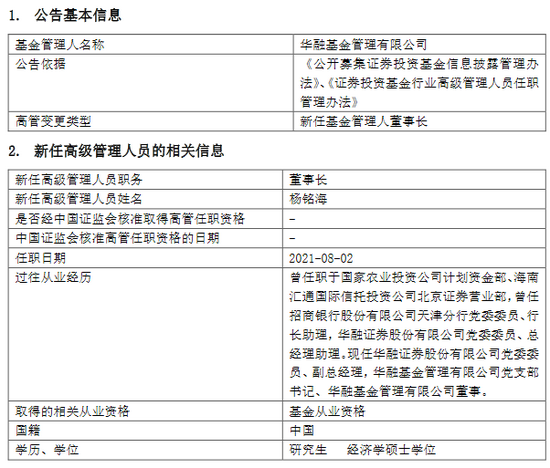 落户雄安的华融基金新任杨铭海为董事长，总经理丁卓不再代行董事长职务