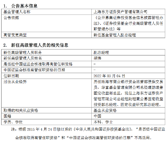 东方红资管新任胡伟为副总经理 曾任华富基金固定收益总监