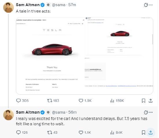 OpenAI首席执行官要求特斯拉退还Roadster跑车5万美元预订款 OpenAI首席执行官要求特斯拉退还Roadster跑车5万美元预订款