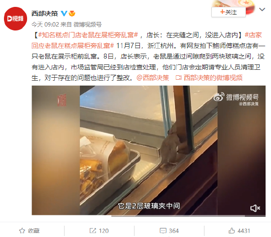 鲍师傅糕点店被曝展柜旁老鼠乱窜，店长：在夹缝之间，没进入店内