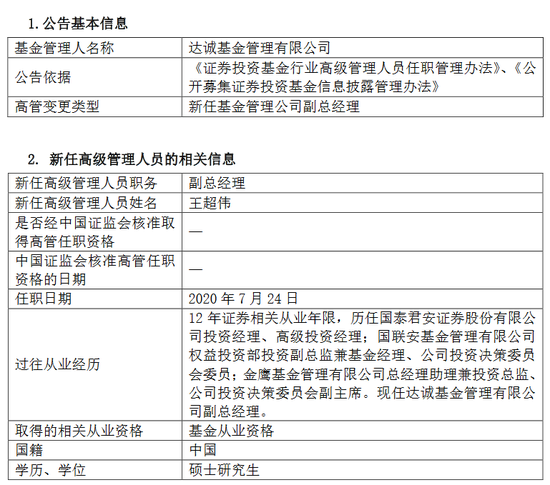 达诚基金新任王超伟、刘晨为副总经理 从业年限均超10年